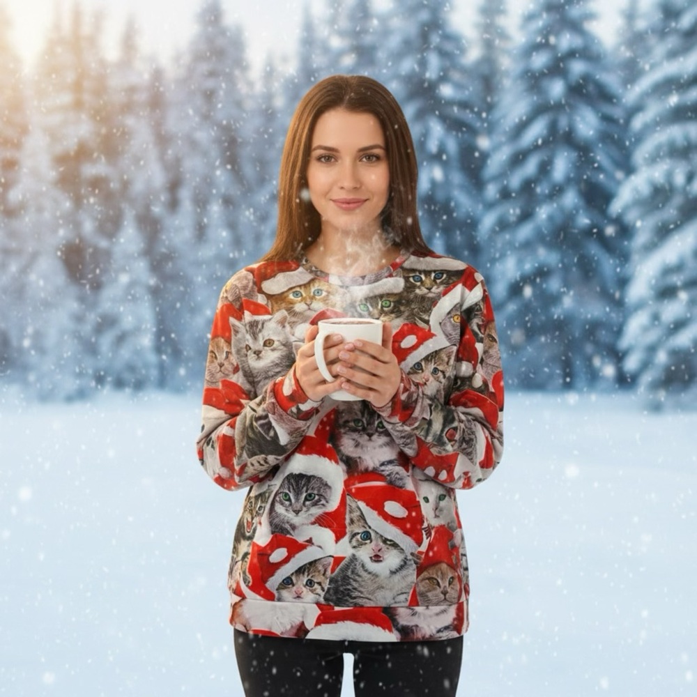 Festive Cat Print Turtleneck Sweater - Red